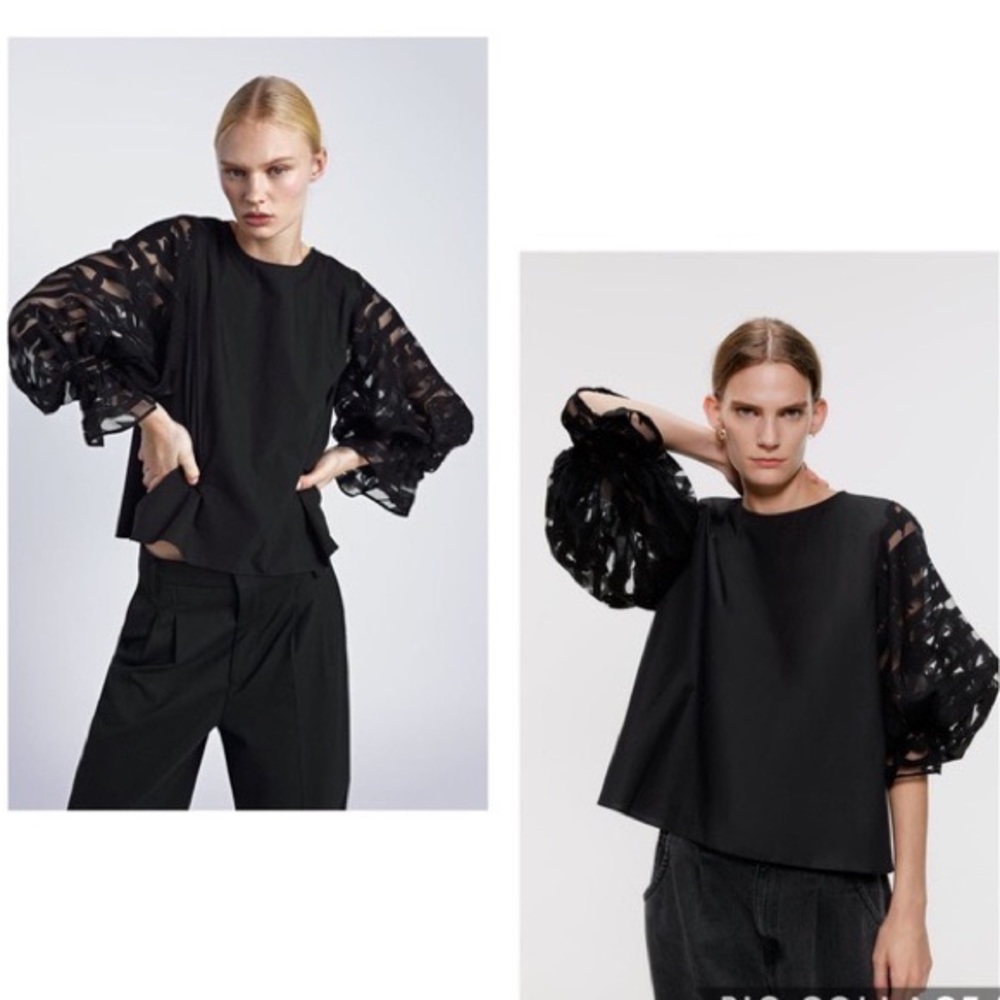 Zara Black Organza Balloon Sleeve Top